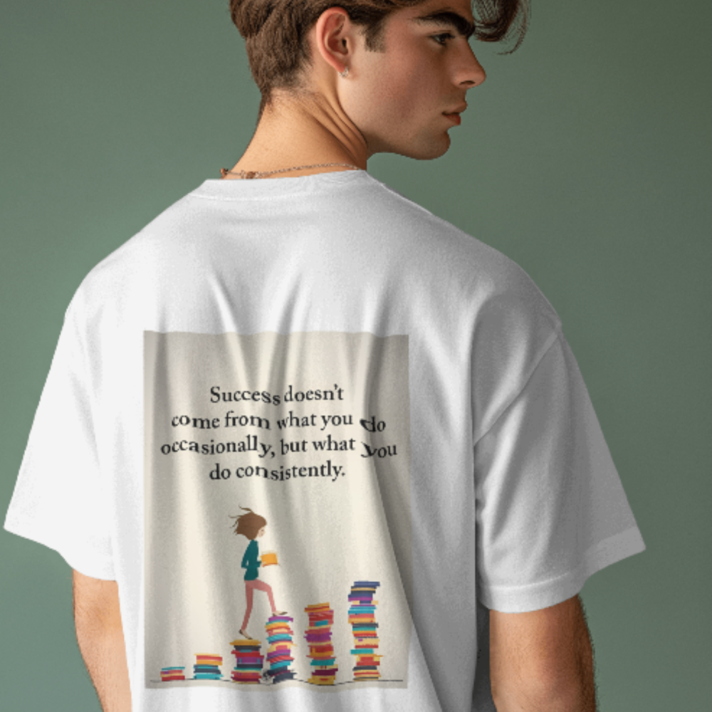 A man wearing a white T-shirt with a motivational quote on the back: “Success doesn’t come from what you do occasionally, but what you do consistently.” Below the quote is a whimsical illustration of a person walking up a staircase made of colorful stacked books.