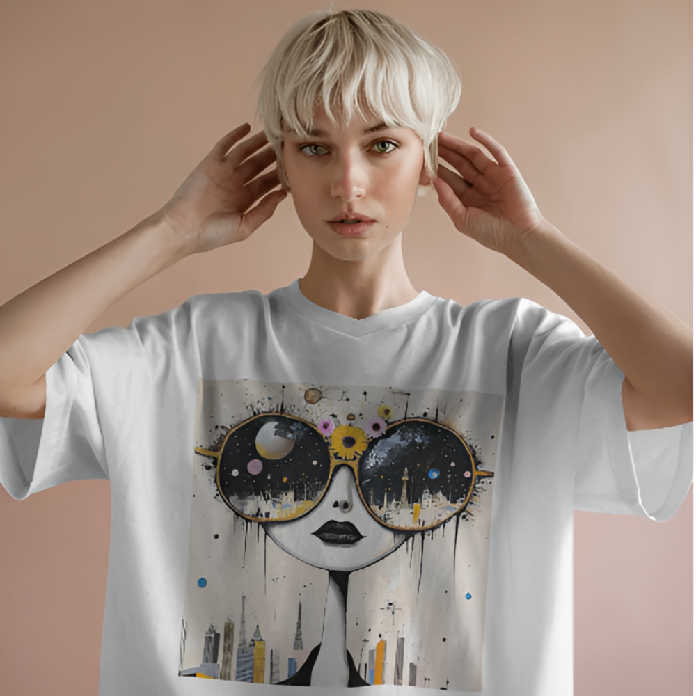 A woman wearing a white oversized T-shirt with a large surrealist graphic of a doll-like face in oversized sunglasses. The sunglasses reflect a cosmic galaxy and a glowing city skyline. Her platinum blonde hair and the peach-toned background enhance the dreamy aesthetic.